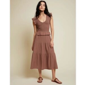 Nation LTD Fabienne Fused Smocked Ruffle Tiered Midi Dress Boho Brown XS